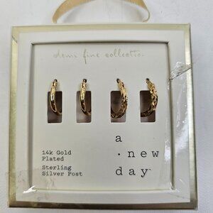 A New Day Earrings 14K Gold Plated Click Sterling Silver Post Set of 2 Hoop